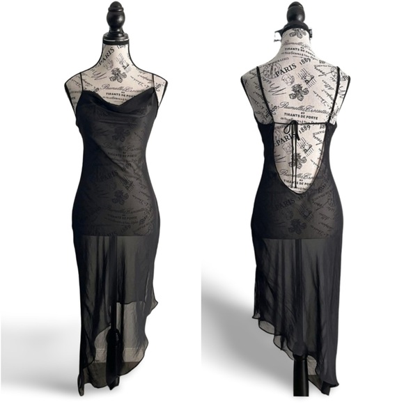 Vintage Dresses & Skirts - Vintage 90s Black Sheer Mesh Club Dress Open Back Asymmetrical Soft Goth Small